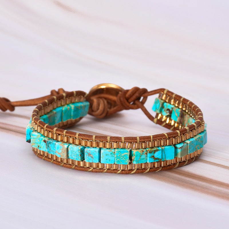 4mm Square Imperial Stone Retro Leather Bracelet, Aqua Blue Gemstone Beads Bracelet, Handmade Boho Jewelry AL634