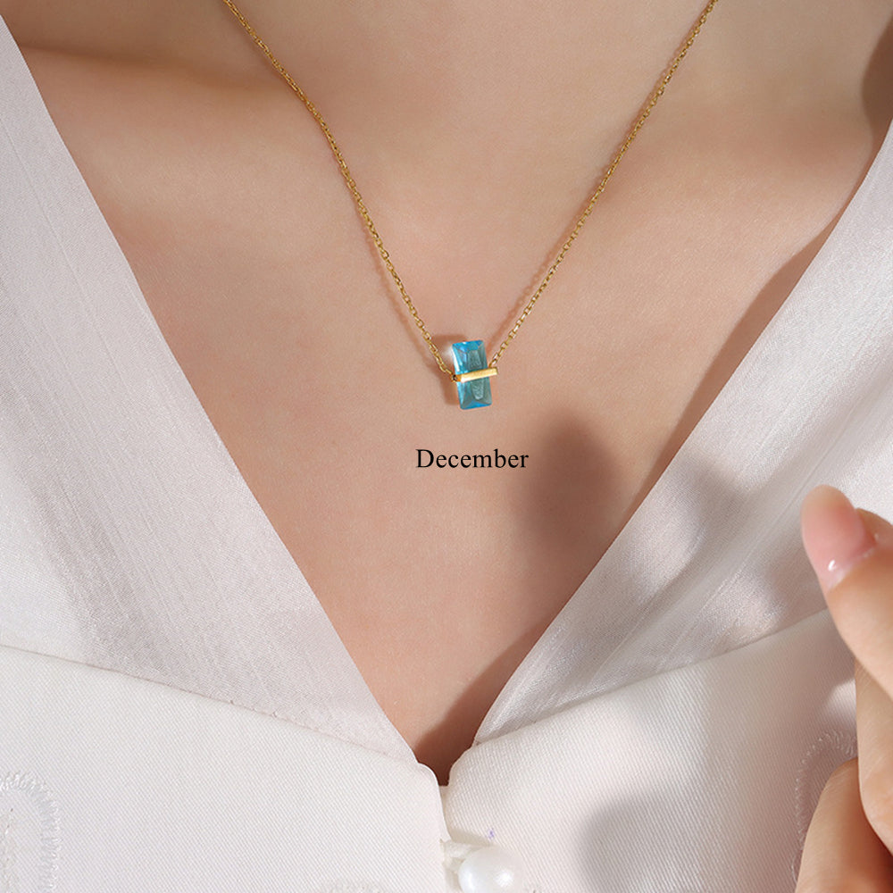 December Birthstone Necklace, 16" Rectangle Necklace Birthstone Necklace, Zircon Necklace, Stainless Steel, Fashion Simple Jewelry AL847