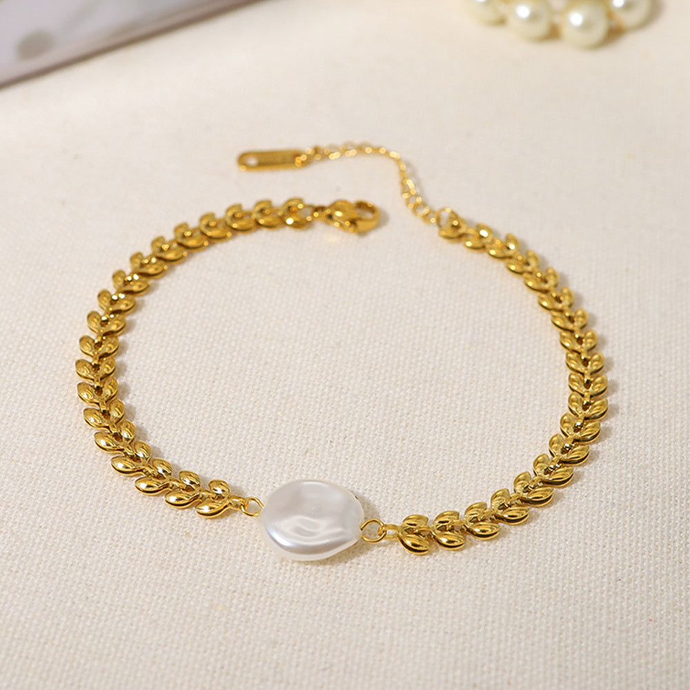 Natural Fresh Water Pearl Coin Bracelet, Gold Titanium Steel Chevron Chain, Boho Jewelry AL724