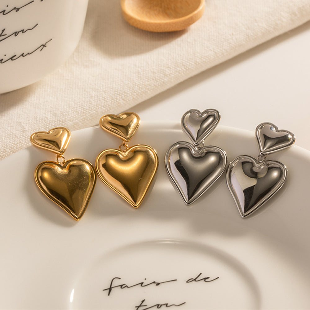 Polish Gold/Silver Double Heart Dangel Earrings, Titanium Steel Earrings, Love Fashion Jewelry AL692