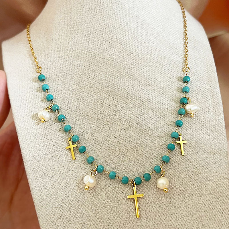 Gold Cross Freshwater Pearl Blue Stone Beads Necklace, Titanium Stainless Steel Jewelry AL769