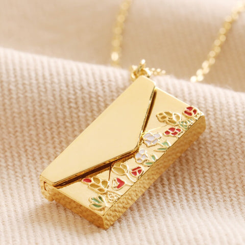 Gold Small Flower Envelope Box Photo Locket Necklace, Open Picture Frames, Fashion Jewelry  AL720