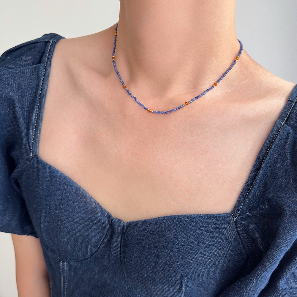 Skinny Natural Sky Blue Sodalite Stone Faceted Beads Necklace, Titanium Steel in 18k Gold Plated, Boho Jewelry AL722 