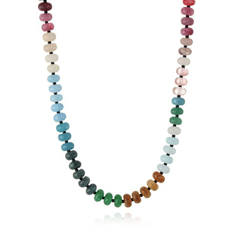 Bohemian Rainbow Natural Stones Crystals Beaded Necklace, Handmade Boho Jewelry AL735