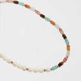 Bohemian Rainbow Natural Stone & Baroque Natural Pearl Beaded Necklace/Bracelet, Titanium Steel Boho Jewelry AL814