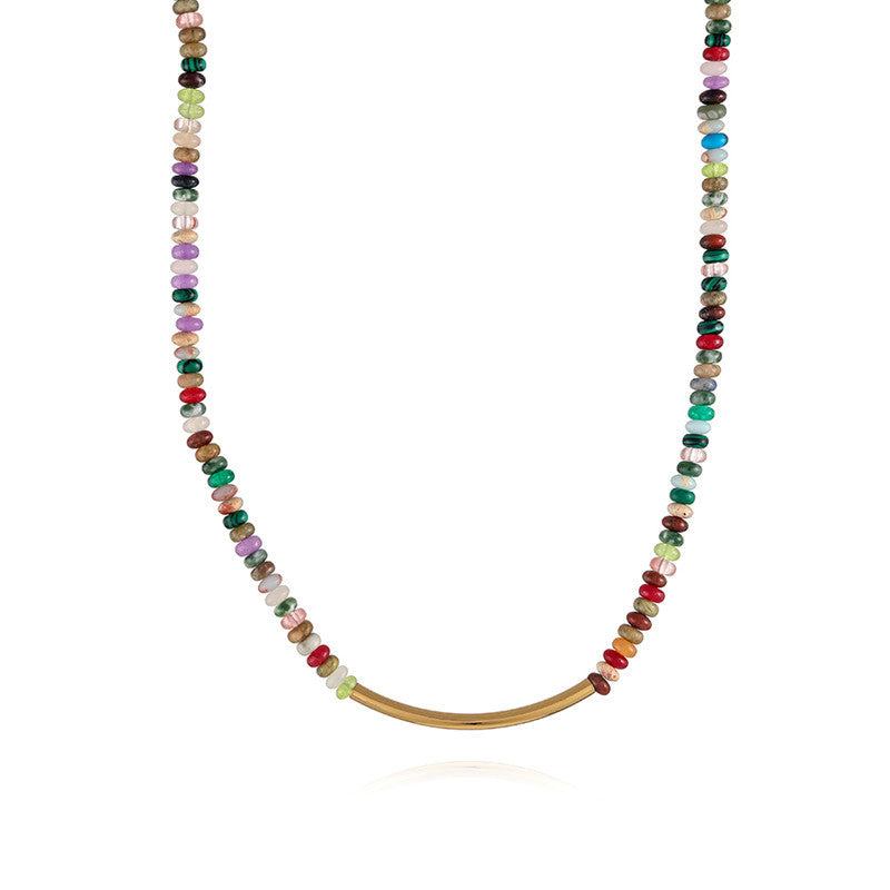 16" Bohemian Multi Natural Stones Beaded Necklace, Gold Tube, Handmade Boho Jewelry AL737