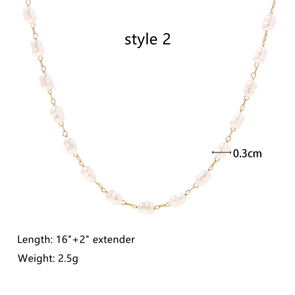18K Gold Stainless Steel Pearl Necklace, Natural Stone Rosary Chain Necklace Jewelry AL740