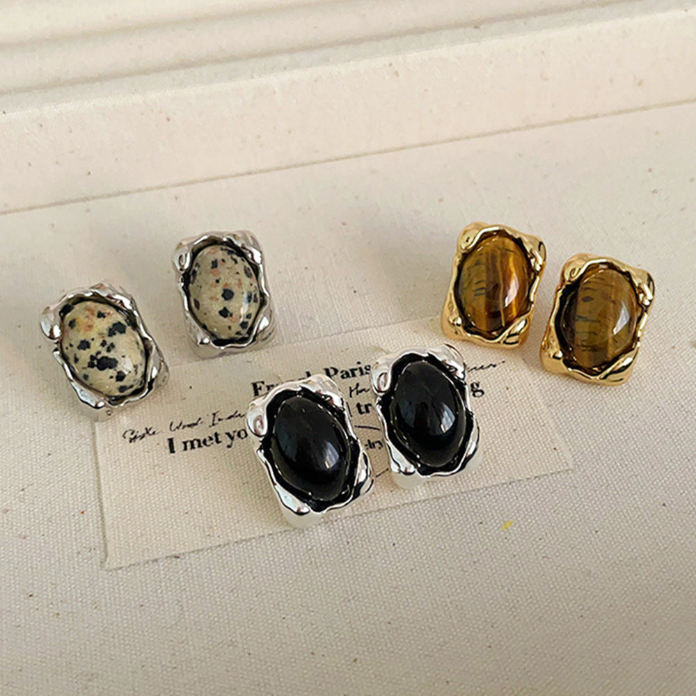 Irregular Gold Plated Oval Tigere's Eye Natural Stone Stud Earrings, Simple Gemstone Jewelry AL800