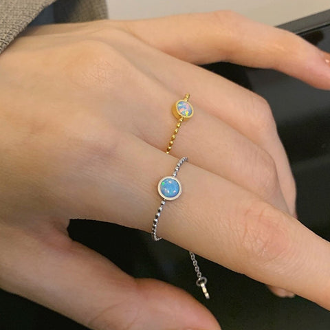 Gold Stainless Steel Bezel Round Manmade Opal Fire Colorful Adjustable Ring Bead Chain Ring AL839