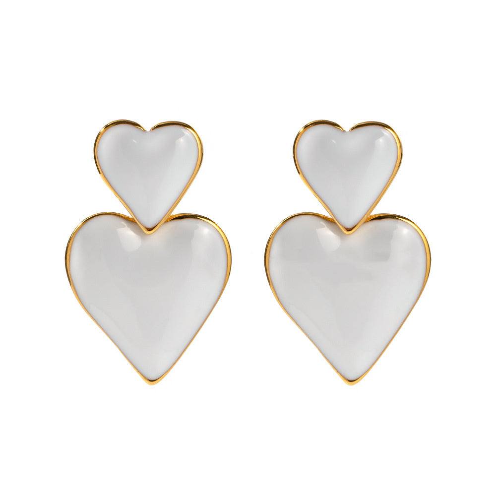 Polish Gold/Silver Double Heart Dangel Earrings, Titanium Steel Earrings, Love Fashion Jewelry AL692 white heart earrings