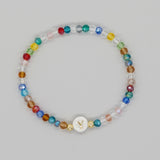 Shambhala Bohemian Rainbow Glass Quartz Beads White Shell Letter Stretch Bracelet, Handmade Boho Jewelry AL743