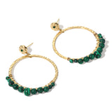 Big Gold Plated Malachite Beads Dangle Earrings, Circle Ring, Gemstone Stud Earrings, Boho Jewelry AL638