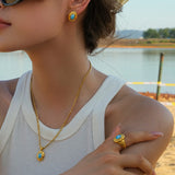 Gold Titanium Steel Blue Sea Turquoise Hammer Ring, Gemstone Stud Earrings, Howlite Necklace, Fashion Summer Jewelry AL707