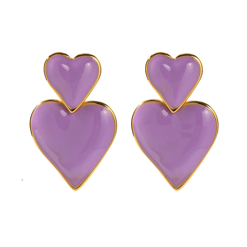 Polish Gold/Silver Double Heart Dangel Earrings, Titanium Steel Earrings, Love Fashion Jewelry AL692 purple heart earrings