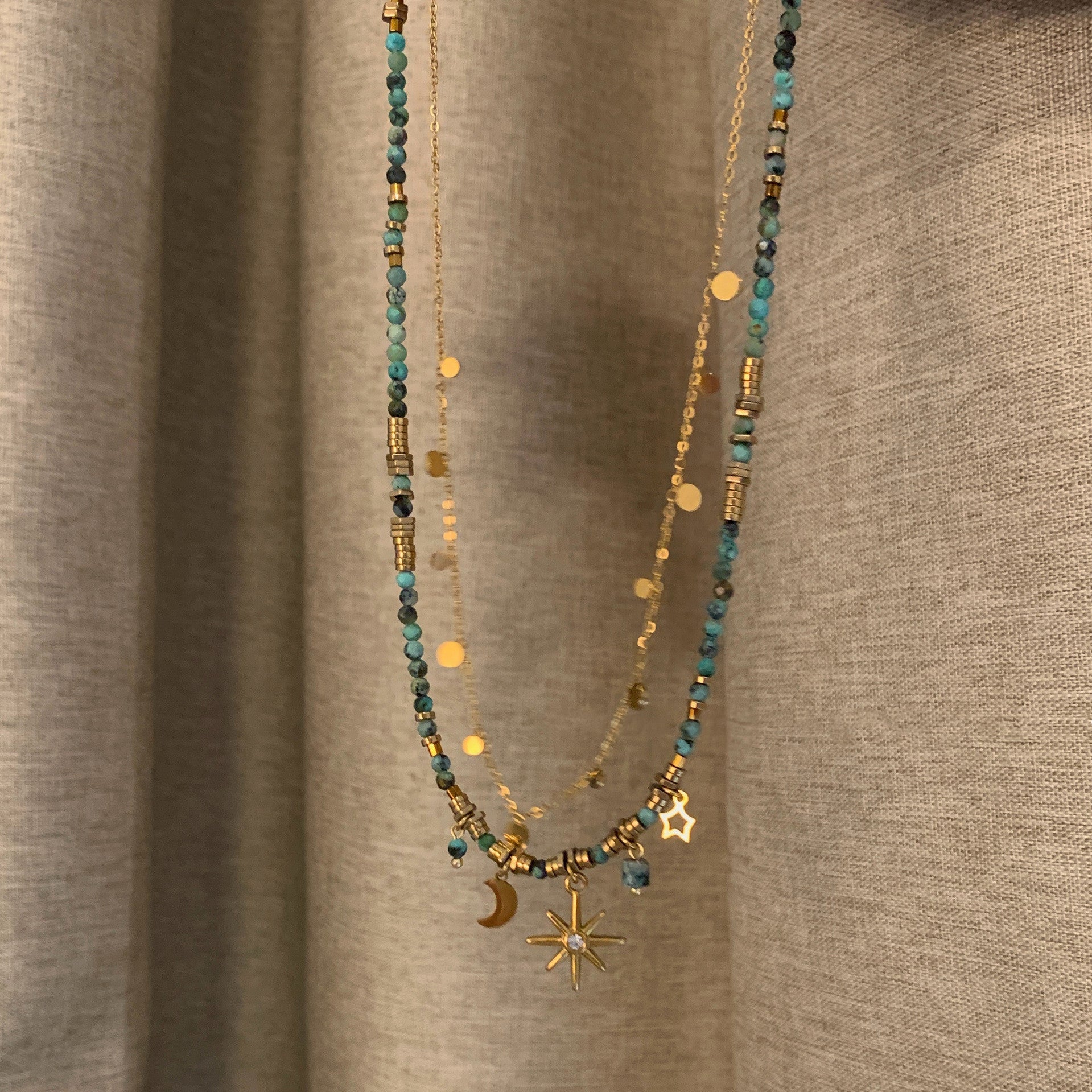 Bohemia Gold Sequin Coin African Turquoise Natural Stones Beads Sun Star Moon Necklace AL770