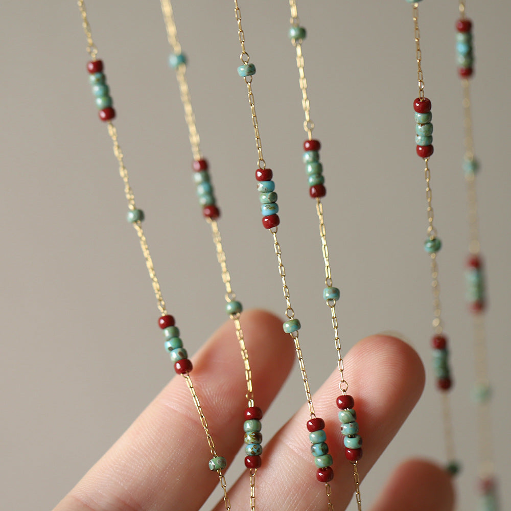 Bohemian Skinny Vintage Turquoise Color 3mm Miyuki Beads Necklace, Gold Titanium Steel, Boho Jewelry AL744