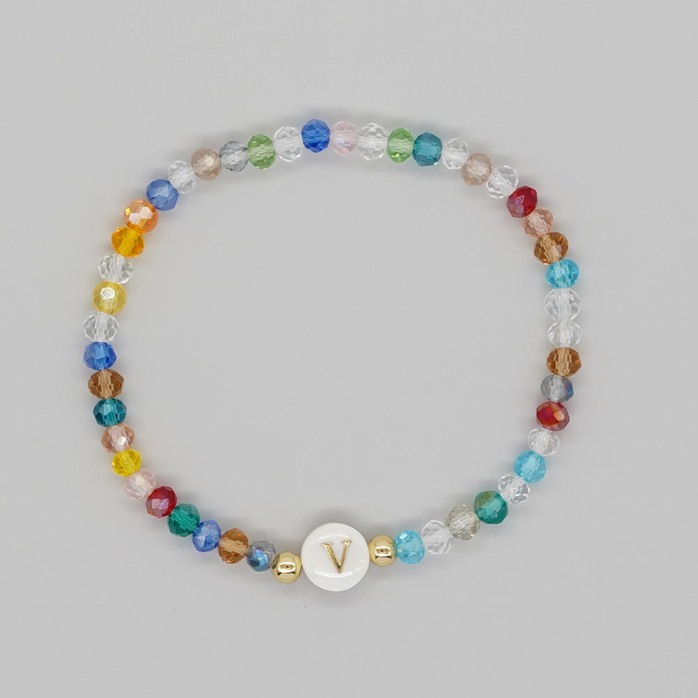 Shambhala Bohemian Rainbow Glass Quartz Beads White Shell Letter Stretch Bracelet, Handmade Boho Jewelry AL743