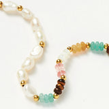 Bohemian Rainbow Natural Stone & Baroque Natural Pearl Beaded Necklace/Bracelet, Titanium Steel Boho Jewelry AL814