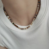 Bohemian Natural Agate Tiger's Eye Stone Pearl Beaded Necklace Titanium Steel, Handmade Jewelry AL812