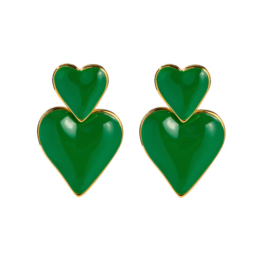 Polish Gold/Silver Double Heart Dangel Earrings, Titanium Steel Earrings, Love Fashion Jewelry AL692 green heart earrings