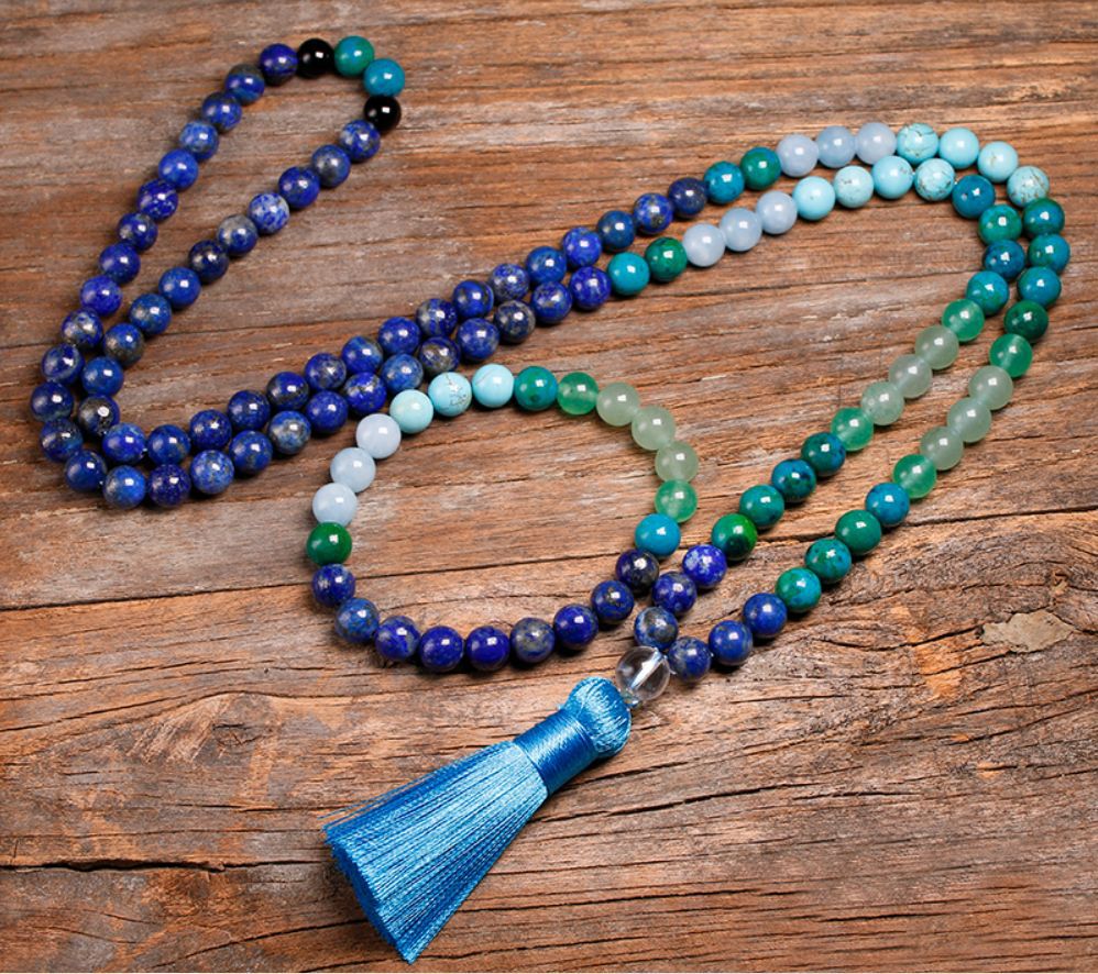 lapis lazuli bracelet necklace, Gradient Color 108 Mala Beads Gemstone Tassel Necklaces, 8mm Rose Quartz Amethyst Lapis Lazuli African Turquoise Beads Bracelet, Handmade Healing Jewelry AL635 