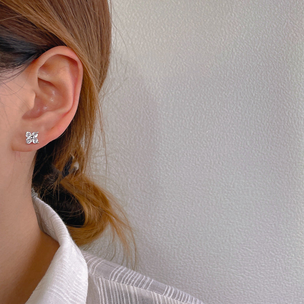 925 Sterling Silver Four Leaf Clover Stud Earrings Zircon Post Earrings, Lucky Lady Fashion Jewelry AL850
