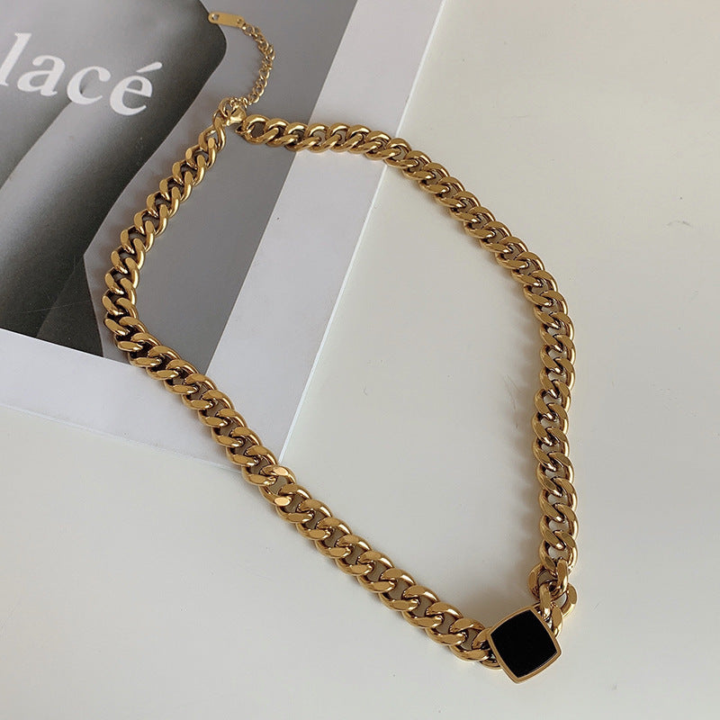 Personality Exaggerated Titanium Steel Thick Chain Necklace, Black Square Choker AL656