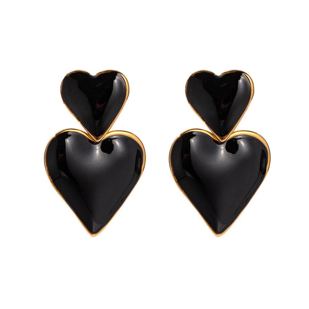 Polish Gold/Silver Double Heart Dangel Earrings, Titanium Steel Earrings, Love Fashion Jewelry AL692 black heart earring