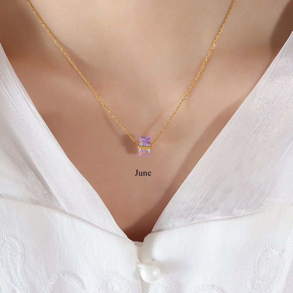 June Birthstone Necklace, 16" Rectangle Necklace Birthstone Necklace, Zircon Necklace, Stainless Steel, Fashion Simple Jewelry AL847
