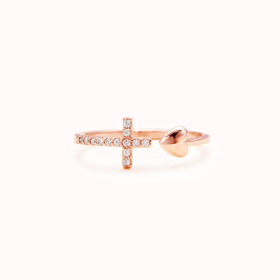 925 Sterling Silver Pray Through It Cross & Heart Adjustable Ring, CZ Micro Pave Silver Open Ring AL493