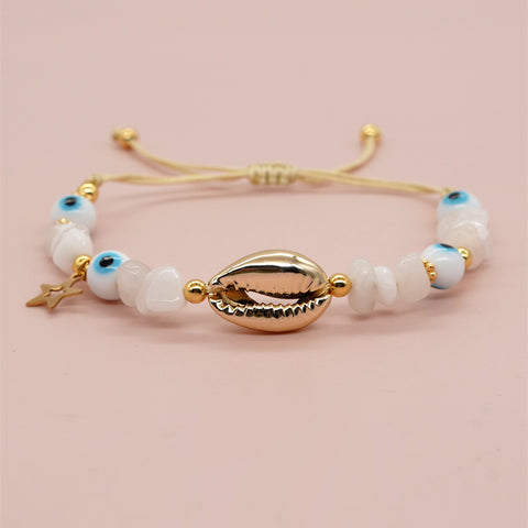 Gold Cowrie Shell Bracelet, Glass Eyes & White Jade Chips Beads, Boho Jewelry Handmade AL652