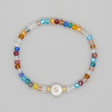 Shambhala Bohemian Rainbow Glass Quartz Beads White Shell Letter Stretch Bracelet, Handmade Boho Jewelry AL743