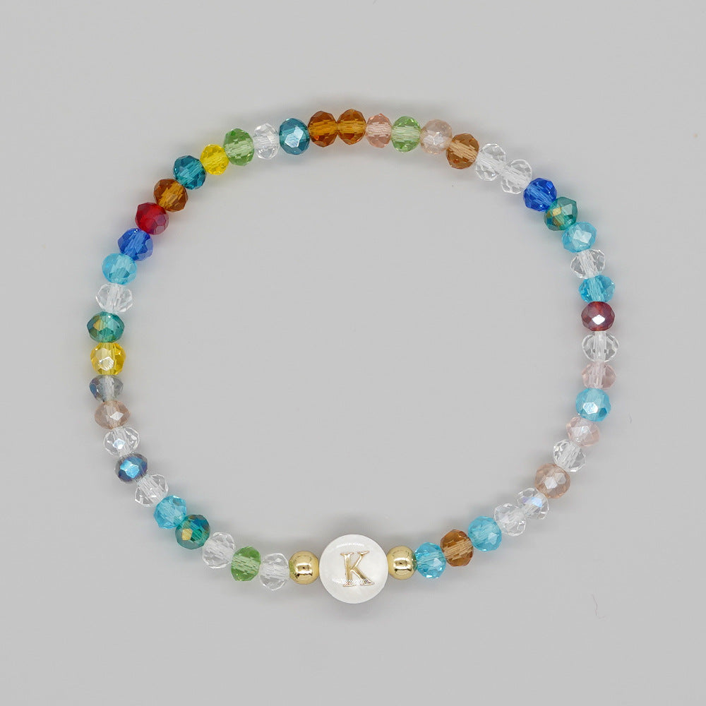 Shambhala Bohemian Rainbow Glass Quartz Beads White Shell Letter Stretch Bracelet, Handmade Boho Jewelry AL743