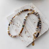 Bohemian Natural Agate Tiger's Eye Stone Pearl Beaded Necklace Titanium Steel, Handmade Jewelry AL812