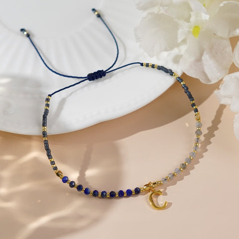 Bohemia Skinny Lapis Letter Natural Stones & Miyuki Beads Bracelet, Handmade Boho Summer Jewelry AL827