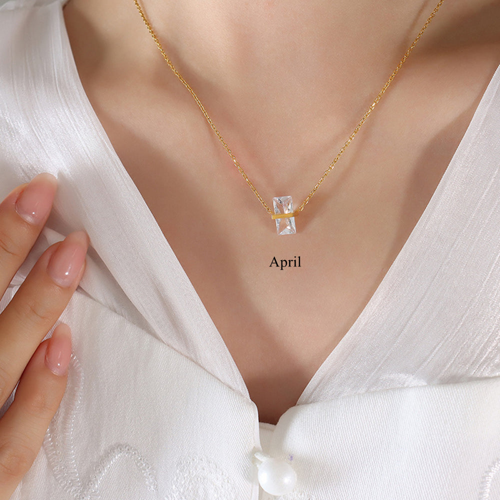 April Birthstone Necklace, 16" Rectangle Necklace Birthstone Necklace, Zircon Necklace, Stainless Steel, Fashion Simple Jewelry AL847