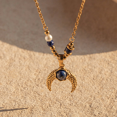 Tribe Lapis Lazuli Gold Horn Pendant Necklace, Gold Titanium Steel, Boho Jewelry AL663