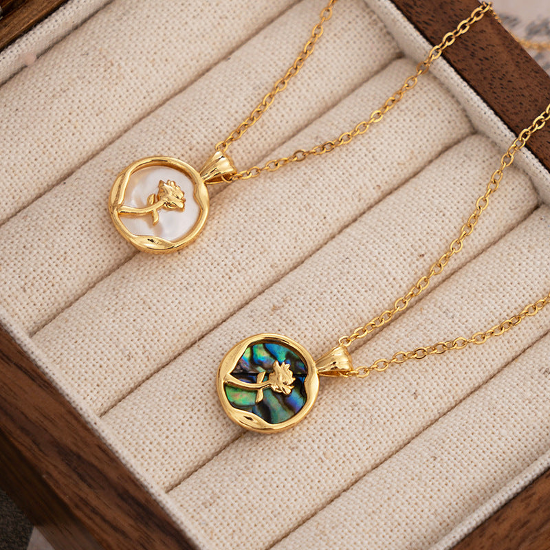 Gold Rose Flower Necklace, Round Abalone White Shell Pendant Necklace Jewelry AL660