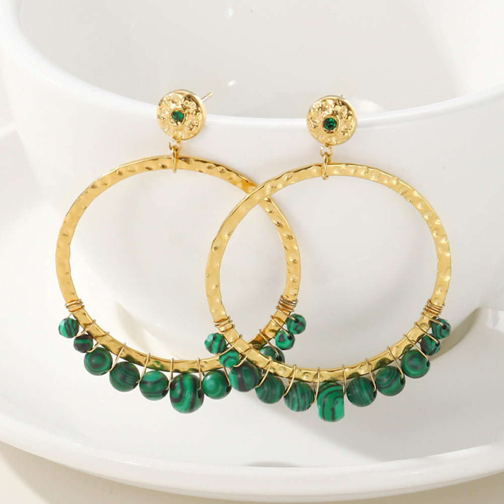 Instagram star in Europe and the United States Natural stone exaggerated titanium steel earrings do not fade high-grade sense malachite niche light luxury ear accessories