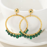 Big Gold Plated Malachite Beads Dangle Earrings, Circle Ring, Gemstone Stud Earrings, Boho Jewelry AL638