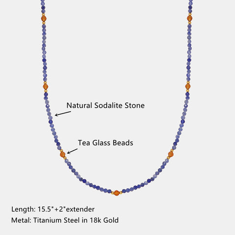 Skinny Natural Sky Blue Sodalite Stone Faceted Beads Necklace, Titanium Steel in 18k Gold Plated, Boho Jewelry AL722