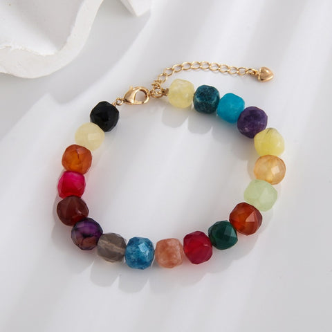 Bohemian Rainbow Agate Faceted Beads Bracelet, Handmade Boho Jewelry AL736