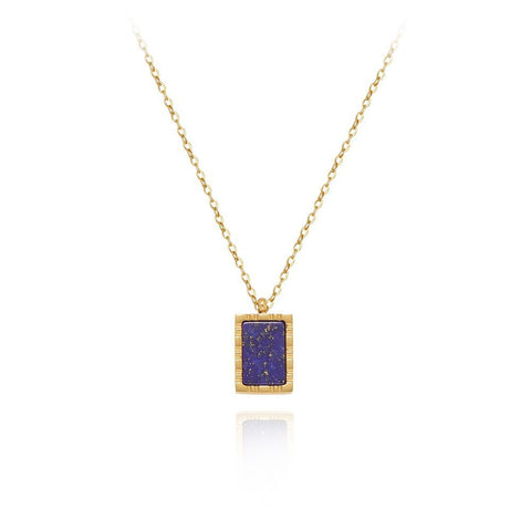 16" Stainless Steel Gold Rectangle Natural Lapis Lazuli Stone Charm Necklace AL833