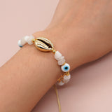 Gold Cowrie Shell Bracelet, Glass Eyes & White Jade Chips Beads, Boho Jewelry Handmade AL652