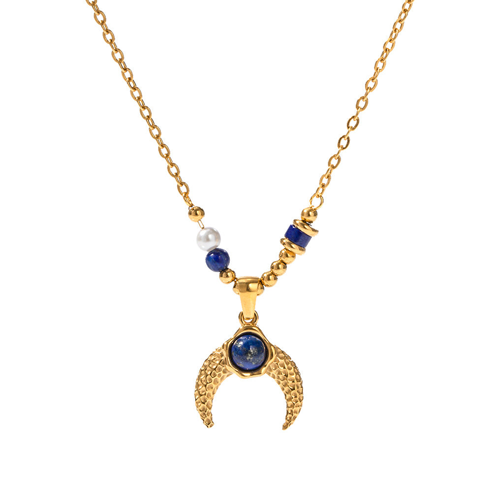 18K Gold Titanium Steel Pearl & Lapis Lazuli Hammered Horn Pendant Necklace, Boho Jewelry AL633