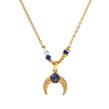 Tribe Lapis Lazuli Gold Horn Pendant Necklace, Gold Titanium Steel, Boho Jewelry AL663