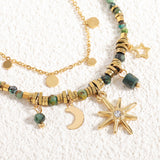 Bohemia Gold Sequin Coin African Turquoise Natural Stones Hematite Beads Sun Star Moon Necklace AL770