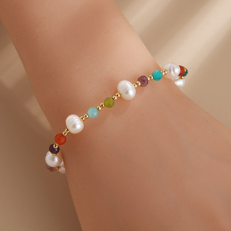 Rainbow Multi Natural Stones Freshwater Pearl Bracelet, Crystal Quartz Beads, Boho Jewelry AL734