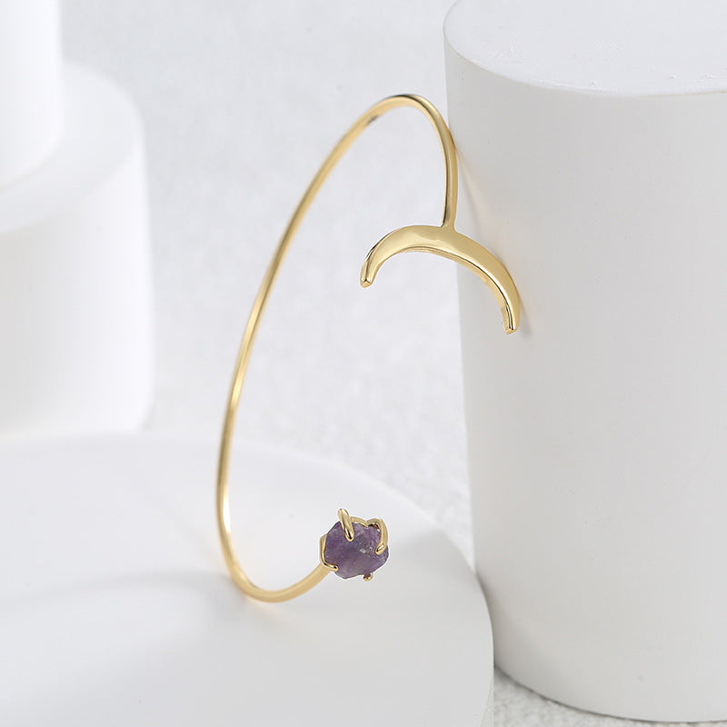 Gold Plated Star Moon Bracelet, Raw Amethyst Cuff, Adjustable Open Bracelet, Fashion Gemstone Jewelry AL727