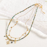 Bohemia Gold Sequin Coin African Turquoise Natural Stones Hematite Beads Sun Star Moon Necklace AL770